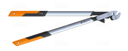 Sekator dźwigniowy, kowadełkowy L PowerGear™ X Fiskars z metalowymi, srebrnymi ostrzami i pomarańczowymi, teksturowanymi uchwytami. Przedmiot leży na białym tle, z dokładnym ukazaniem mechanizmu cięcia oraz detali rączek, gotowy do użytku.