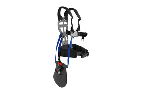 Elementy uprzęży do wykaszarki Husqvarna 555RXT w kolorze czarnym i niebieskim, z metalową ramą i ergonomicznym systemem mocowania. Ułożona w pionie, z widocznymi pasami i podpórką. Idealna do zastosowań ogrodniczych i prac terenowych.