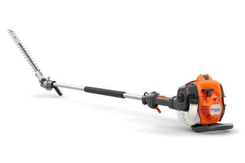 Nożyce do żywopłotu Husqvarna 525HE4 w pozycji poziomej, z podłużnym, metalowym ostrzem, pomarańczową obudową i ergonomiczną, czarną rączką. Tło białe, co podkreśla szczegóły konstrukcyjne i kolorystykę produktu.