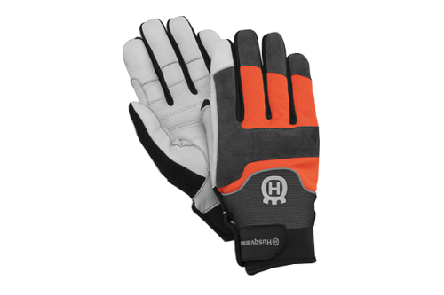 Rękawice ochronne Technical Husqvarna szaro-czarne z pomarańczowymi detalami, wkładką antyprzecięciową i widocznym logo, gładka zewnętrzna tekstura, wzmocniona wnętrze, ułożone obok siebie, widoczne detale i zabezpieczenia.