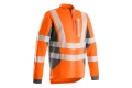 Bluzka high viz z długim rękawem Husqvarna w intensywnym pomarańczowym kolorze z szarymi akcentami. Widoczne charakterystyczne odblaskowe paski. Zapinana pod szyją na zamek. Stojąca, frontalna perspektywa. Logo marki na piersi.