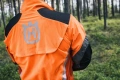Kurtka do prac leśnych Husqvarna Technical Arbor w intensywnym pomarańczu z czarnymi siateczkowymi wstawkami na ramionach i rękawami, zdjęcie z tyłu z widocznym logo, na tle leśnej scenerii.