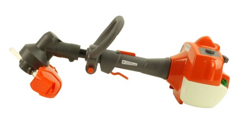 Pomarańczowo-szara wykaszarka Husqvarna dla dzieci z ergonomicznym uchwytem i detalami silnika. Widoczne logo, produkt na białym tle, bez dodatkowych elementów.