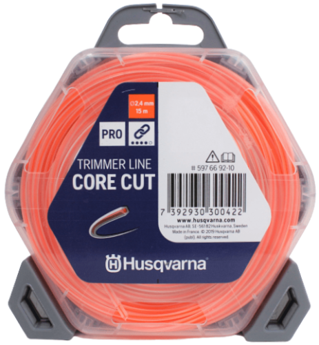 Pomarańczowa linka tnąca 2,4 mm, 15 m w przezroczystym opakowaniu z logo Husqvarna i wyraźnymi napisami. Mechaniczne mocowanie ze stalowym elementem.