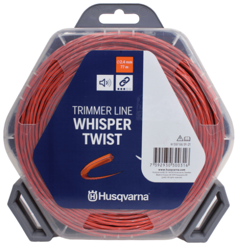 Czerwona linka tnąca Husqvarna Whisper Twist, 2,4 mm średnicy, 77 m długości, w heksagonalnym opakowaniu z logo Husqvarna. Poziomy, frontalny widok na białym tle podkreślającym detale.