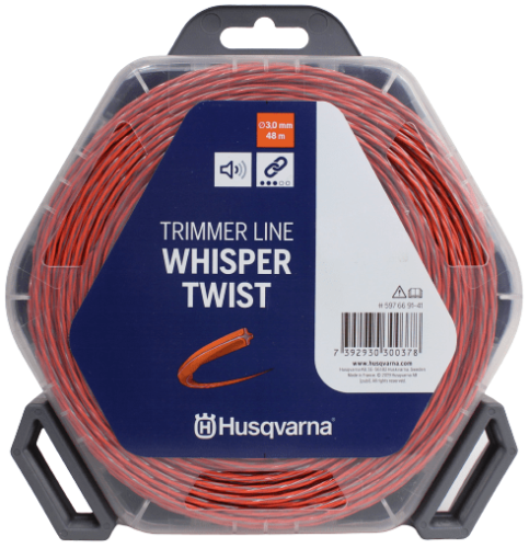 Linka tnąca Whisper Twist 3,0 mm x 48 m w opakowaniu w kształcie heksagonu. Czerwono-pomarańczowa żyłka w formie zwoju, z czytelnym logiem Husqvarna na białym tle. Widok frontalny, opakowanie zamknięte.