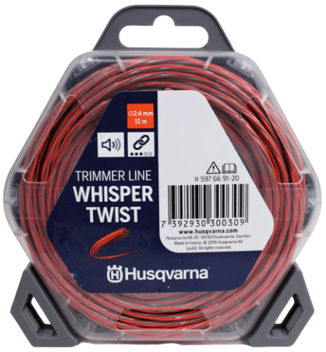 Linka tnąca Whisper Twist Husqvarna o średnicy 2,4 mm i długości 12 m, umieszczona w przezroczystym, sześciokątnym opakowaniu. Widoczny niebieski napis na etykiecie oraz logo Husqvarna. Produkt leży w poziomie, na neutralnym tle.