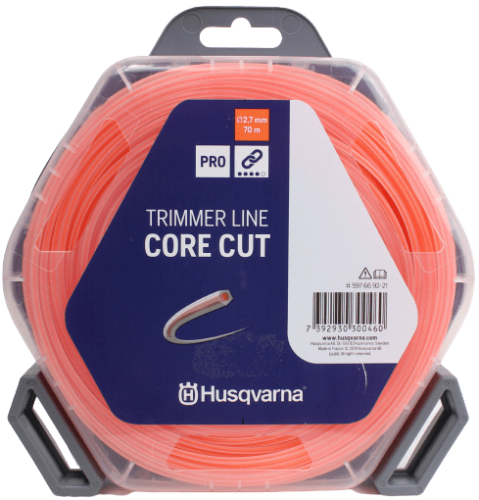 Linka tnąca Core Cut Husqvarna w kolorze pomarańczowym, o grubości 2,7 mm i długości 70 m, umieszczona w przezroczystym opakowaniu. Widoczne logo Husqvarna oraz informacje o produkcie w czytelnym układzie. Produkt leży płasko.