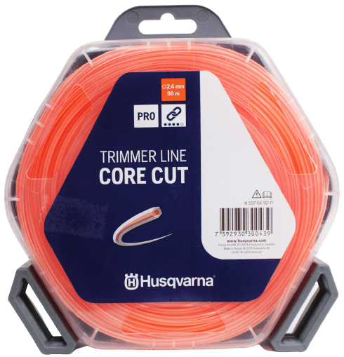 Pomarańczowa linka tnąca 2,4 mm, 90 m, w przezroczystym opakowaniu z logo Husqvarna i modelem Core Cut, na równym tle, frontalny widok z widoczną etykietą.