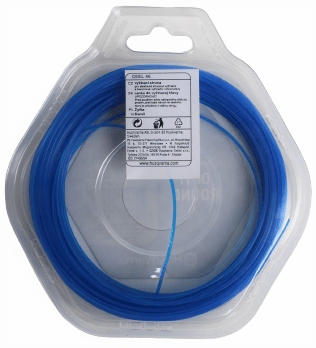 Linka tnąca 1,5 mm x 15 m w kolorze niebieskim, zwinięta w okrągły kształt, umieszczona w przezroczystym plastikowym opakowaniu. Widoczne etykiety z informacjami technicznymi i logo Husqvarna. Tło białe, proste.