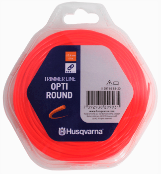 Linka tnąca 2,4 mm x 15 m w kolorze pomarańczowym, przymocowana w przezroczystym, okrągłym opakowaniu. Na etykiecie widoczny napis Opti Round oraz logo Husqvarna. Produkt widoczny z góry, dobrze oświetlony, na białym tle.