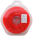 Linka tnąca 2,4 mm x 70 m w kolorze intensywnej czerwieni, zwinięta w okrągłym opakowaniu. Widoczna etykieta z parametrami produktu. Ujęcie frontalne, podkreślające kolor i teksturę materiału. Opakowanie z uchwytem do przenoszenia.