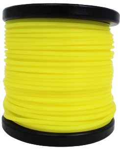 Linka tnąca o przekroju gwiazdki, w kolorze intensywnej żółci, na czarnej szpuli. Widać zwiniętą formę produktu, który ma średnicę 3,3 mm i długość 45 m. Szpulę umieszczono na jednolitym tle.