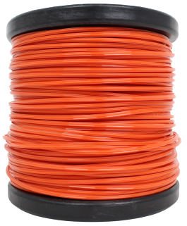 Linka tnąca o średnicy 2,7 mm, długości 70 m, w kolorze pomarańczowym. Zwijana na czarnym bębnie, z widocznym gładkim wykończeniem. Produkt przeznaczony do użycia w narzędziach ogrodniczych, umieszczony na prostym tle.
