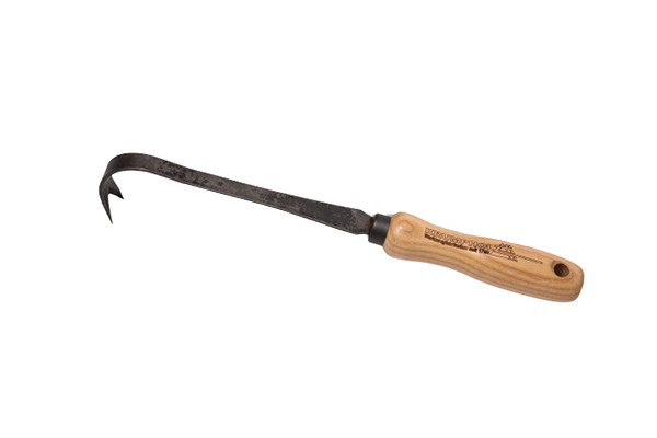 BIO-Skrobak do fug 2-zębowy Krumpholz z drewnianą rączką, o czarnym metalowym uchwycie. Narzędzie w układzie poziomym, z wyraźnym zakrzywieniem końcówki. Na jasnym tle. Idealne do precyzyjnego czyszczenia fug i trudno dostępnych miejsc.