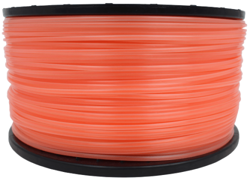 Linka tnąca o średnicy 2,7 mm, zwinięta w gładką szpulę, w intensywnym kolorze pomarańczowym. Produkt widoczny z boku, prezentuje dużą ilość żyłki, przeznaczony do użytku w ogrodnictwie. Szpula ma ciemny, okrągły brzeg.