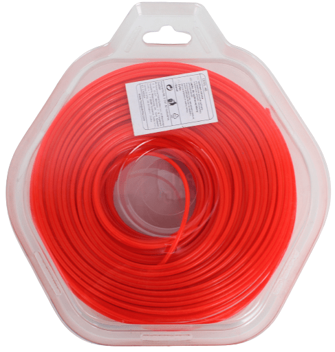 Linka tnąca 2,4 mm x 90 m w kolorze intensywnej czerwieni, zwinięta w okrągłym opakowaniu. Widoczne etykiety informacyjne na opakowaniu. Produkt leży płasko na białym tle, co umożliwia klarowną prezentację.