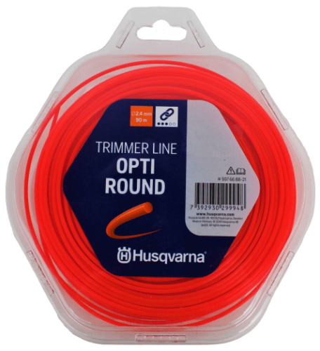 Linka tnąca Opti Round Husqvarna o średnicy 2,4 mm i długości 90 m. Zwinięta w przezroczystym opakowaniu; intensywny kolor czerwony. Widoczny czytelny napis TRIMMER LINE OPTI ROUND. Produkt w pozycji leżącej, na jednolitym tle.
