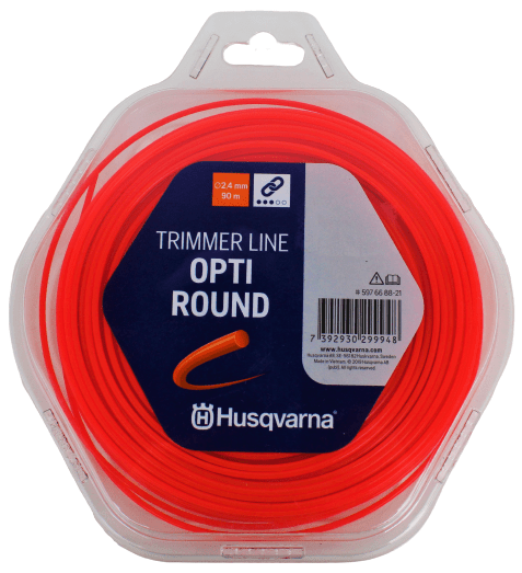 Linka tnąca Opti Round Husqvarna o średnicy 2,4 mm i długości 90 m. Zwinięta w przezroczystym opakowaniu; intensywny kolor czerwony. Widoczny czytelny napis TRIMMER LINE OPTI ROUND. Produkt w pozycji leżącej, na jednolitym tle.