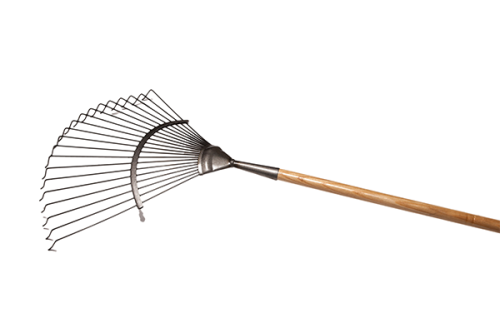 Grabie do trawy z długim styliskiem z jasnego drewna jesionowego, wykonane z metalu. Uchwyt jest prosty, a zgarniacz ma długie, elastyczne zęby. Ujęcie z boku, pokazujące pełną długość narzędzia, na białym tle.