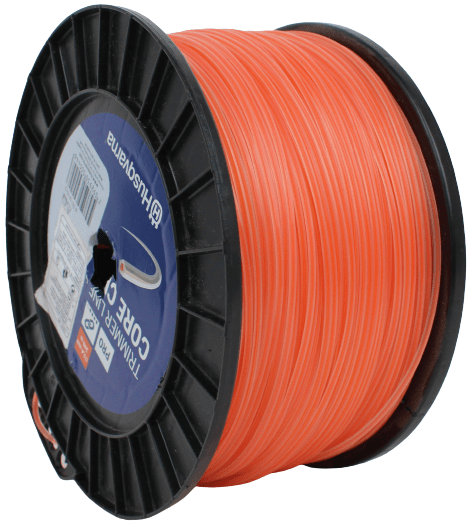 Linka tnąca 2,4 mm x 240 m CoreCut Husqvarna w kolorze pomarańczowym, na czarnej szpuli. Ujęcie z boku, produkt leżący, z widocznym logo. Szpula ma standardowy kształt, a linia jest gładka i okrągła, idealna do zastosowań ogrodniczych.