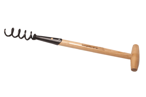 Spirala do usuwania korzeni Krumpholz z drewnianym uchwytem i metalową spiralą. Produkt leży na białym tle, widoczny z boku, z jasno zaznaczonym twardym prostym uchwytem i zaczepem o spiralnym kształcie. Idealny do usuwania korzeni w ogrodzie.