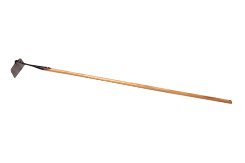 Haczka do chwastów Krumpholz z drewnianym trzonkiem i metalowym ostrzem, widok frontalny. Ostrze o prostokątnym kształcie, z czarnym wykończeniem. Długość całkowita widoczna w całej okazałości, bez dodatków ani kontekstu użycia.