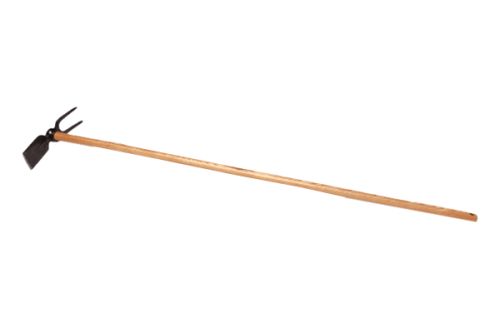Motyczka ogrodowa 2-stronna kant o długości 130 cm, z drewnianym trzonkiem i metalowym ostrzem. Prezentowana w pozycji poziomej, ukazuje oba końce narzędzia: jedno z ostrzem, a drugie z zębami. Tło białe, co podkreśla detale produktu.