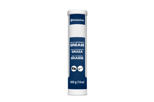 Smar do przekładni nożyc Husqvarna, 400 g, w tubie cylindrycznej z białą podstawą i niebieską górą. Napis MULTI ADVANCED GREASE na niebieskim tle, symbole zastosowania, ustawiony pionowo na jednolitym tle.