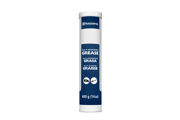 Smar do przekładni nożyc Husqvarna, 400 g, w tubie cylindrycznej z białą podstawą i niebieską górą. Napis MULTI ADVANCED GREASE na niebieskim tle, symbole zastosowania, ustawiony pionowo na jednolitym tle.