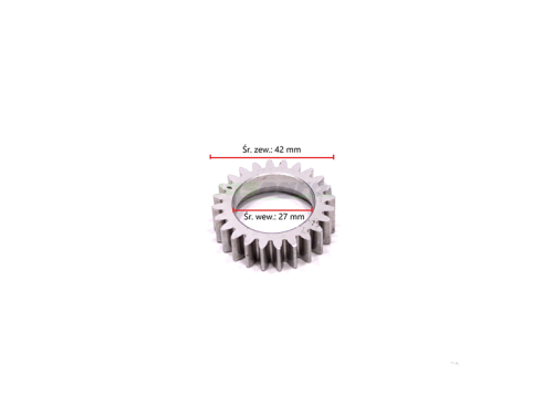 Koło rozrządu Briggs&Stratton Quantum okrągłe, metalowe, z ząbkowanym brzegiem. Średnica zewnętrzna 42 mm, średnica wewnętrzna 27 mm. Ujęcie frontalne, na białym tle, pokazujące detale konstrukcji.
