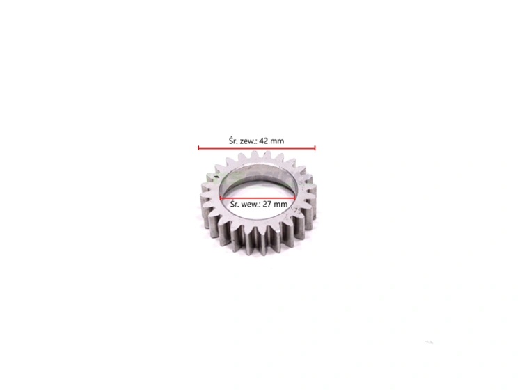 Koło rozrządu Briggs&Stratton Quantum okrągłe, metalowe, z ząbkowanym brzegiem. Średnica zewnętrzna 42 mm, średnica wewnętrzna 27 mm. Ujęcie frontalne, na białym tle, pokazujące detale konstrukcji.