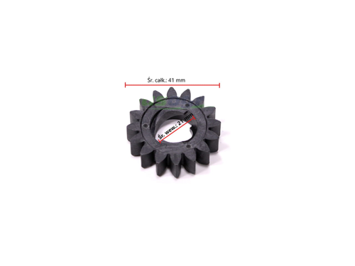 Czarne koło rozrusznika Briggs&Stratton z tworzywa, ø zewn. 41 mm, wewn. 21 mm, z ząbkowaną krawędzią i centralnym otworem, leżące na białym tle.