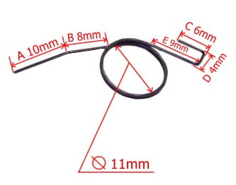 Czarna, metalowa sprężyna zabieraka do kosy Husqvarna 250R, średnica 11 mm, z dwiema końcówkami, jedną prostokątną. Wymiary: A10, B8, C6, D4, E9 mm. Prosty design na białym tle.