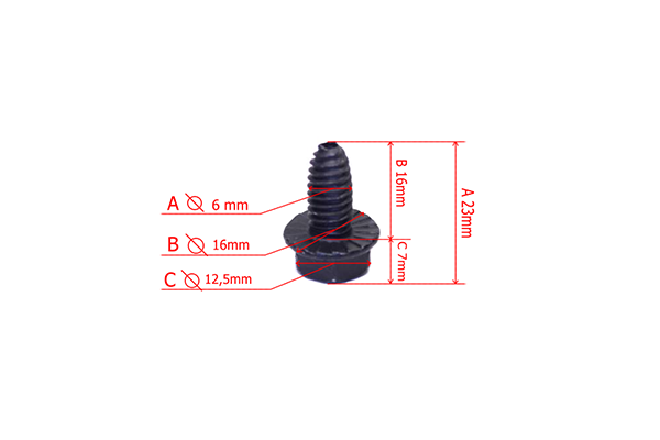 Śruba mocowania wspornika CTH2138 R w kolorze czarnym, z widocznym gwintem. Ujęcie z boku pokazuje wymiary: długość 23 mm, średnica główki 16 mm, średnica gwintu 6 mm. Produkt stojący z podkładką, na białym tle.