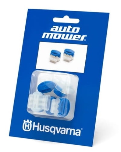 Zestaw 5 niebiesko-białych łączników przewodu Automower Husqvarna w przezroczystym opakowaniu na niebieskim tle z logo i napisem auto mower.
