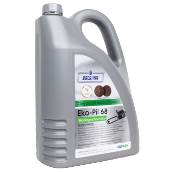 Olej do łańcuchów Eko-Pil 68 w opakowaniu 5 L, w kolorze szarym. Butelka z ergonomiczna rączką, zamknięta. Widoczne logo producenta i informacje o biodegradowalności oraz zastosowaniu. Stojąca pozycja na białym tle.