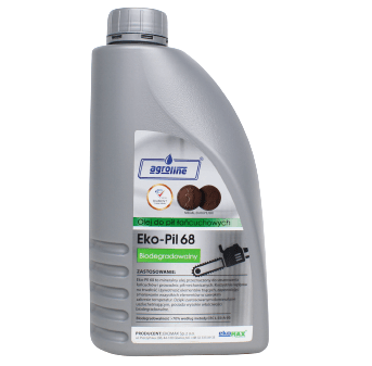 Olej do łańcuchów pilarek Eko-Pil 68 w ergonomicznej, szarej butelce z falistymi bokami, biodegradowalny, z etykietą i zatyczką, stojący na płaskiej powierzchni.