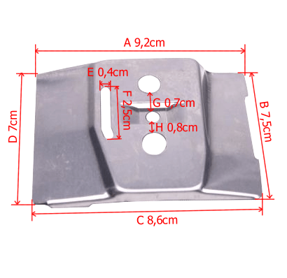 Metalowa, matowa osłona karteru do pilarki Husqvarna 40, srebrna. Widok frontalny z detalami złącz i otworów montażowych. Wymiary: 9,2x7,5x8,6 cm, widoczne oznaczenia i rozmiary.