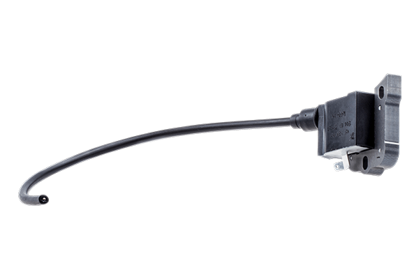 Czarna cewka modułu zapłonowego z przyłączem elektrycznym i elastycznym przewodem, prostokątny kształt. Do pilarek Husqvarna 254, 257XP, 262XP, 55, 51. Widoczne oznaczenia techniczne na obudowie.