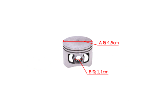 Cylinder 45mm z tłokiem, metalowa konstrukcja o okrągłej górnej powierzchni, z widocznymi otworami. Wymiary: średnica A 4,5 cm, średnica B 1,1 cm. Ujęcie z boku, na białym tle, ukazuje detale konstrukcyjne.