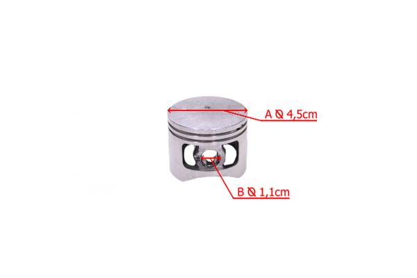 Cylinder 45mm z tłokiem, metalowa konstrukcja o okrągłej górnej powierzchni, z widocznymi otworami. Wymiary: średnica A 4,5 cm, średnica B 1,1 cm. Ujęcie z boku, na białym tle, ukazuje detale konstrukcyjne.