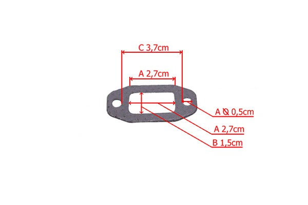 Uszczelka do cylindra z tłokiem, wykonana z materiału metalowego. Ma prostokątny kształt o wymiarach 3,7 cm x 2,7 cm, z centralnym otworem i dwoma otworami do mocowania. Widok z góry, na białym tle z oznaczeniami wymiarów.