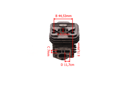 Cylinder pilarki Partner P360S, P350S, w kolorze czarnym z metalową fakturą. Ujęcie z przodu, widoczne wymiary (B 44,53 mm, C 7 mm, D 11,7 cm, E 73,99 mm) oraz otwory mocujące. Produkt leżący, z wyraźnymi detalami konstrukcyjnymi.