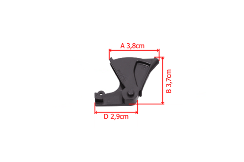 Dźwignia gazu pilarki Husqvarna w kolorze czarnym, o wymiarach 3,8 cm (A), 3,7 cm (B), 2,9 cm (D). Produkt widoczny z boku, z wyraźnymi oznaczeniami wskazującymi rozmiary. Element montażowy o metalicznej fakturze, przeznaczony do pilarek 40/45/49.
