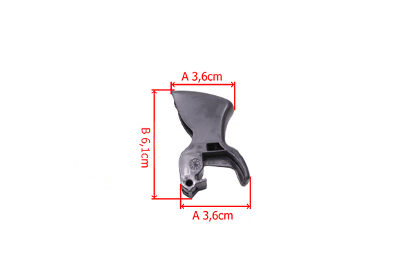 Dźwignia gazu pilarki Husqvarna 550XP/560XP, czarna, o wymiarach 3,6 cm na 3,6 cm oraz wysokości 6,1 cm. Widok z boku, pokazujący kształt i mechanizm mocowania. Czytelne logo Husqvarna na mocowaniu. Produkt nowy, bez dodatkowych akcesoriów.