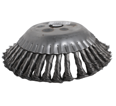 Szczotka do czyszczenia kostki brukowej z drutu splatanego, o średnicy 200 mm i szerokości 25,4 mm. Na górze widoczna metalowa podstawa z otworami montażowymi. Druty ułożone promieniście, idealna do usuwania brudu i zanieczyszczeń z powierzchni.