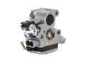 Gaźnik Husqvarna metaliczny prostokątny do pilarek 435, 440, Jonsered CS2240, z przyłączem paliwowym, regulatorem i śrubami, złotą osłoną, widok z boku na białym tle.