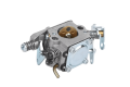 Gaźnik Husqvarna do piły Partner P351, P442, Jonsered CS2138, McCulloch MC 436, 444 w metaliczno-srebrnym kolorze, z widocznymi elementami sprężynowymi i mocowaniami, uchwycony z boku. Produkt w stanie nowym, podkreślający detale konstrukcyjne.