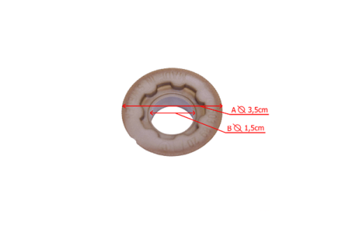 Biały ślimak pompy oleju do pilarki Husqvarna 351, z okrągłym otworem. Wymiary: średnica A 3,5 cm, B 1,5 cm. Widok z góry, matowa faktura, prosta konstrukcja, detal na krawędzi.